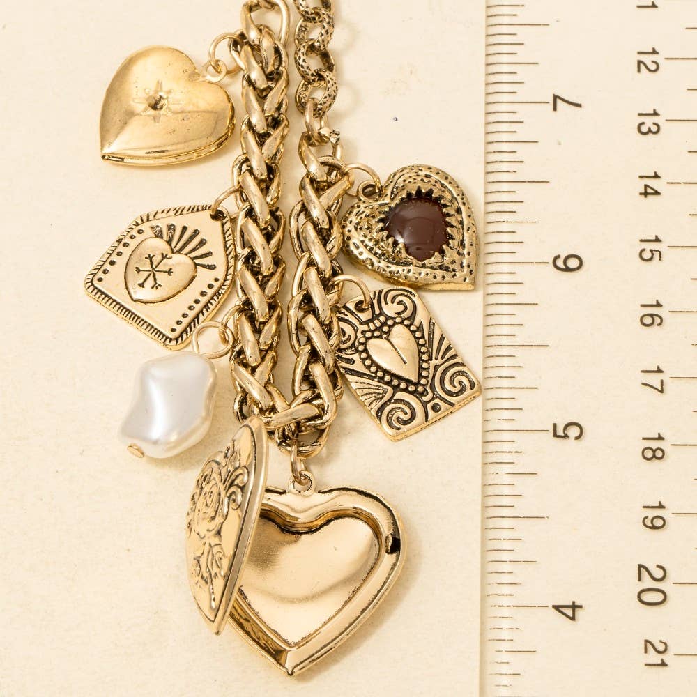 Assorted Pearl And Heart Charms Statement Necklace