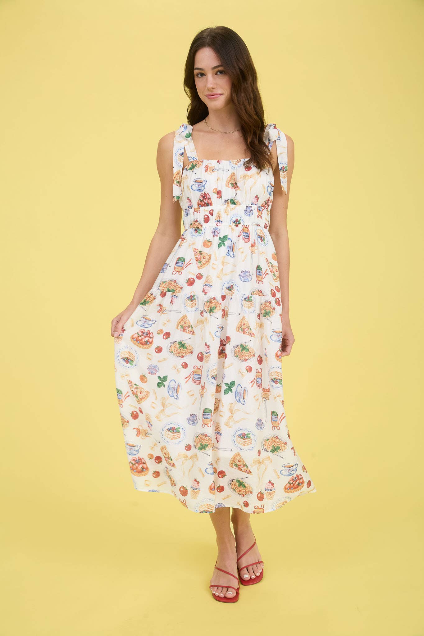 TEA TIME PRINT TIE STRAP MIDI DRESS