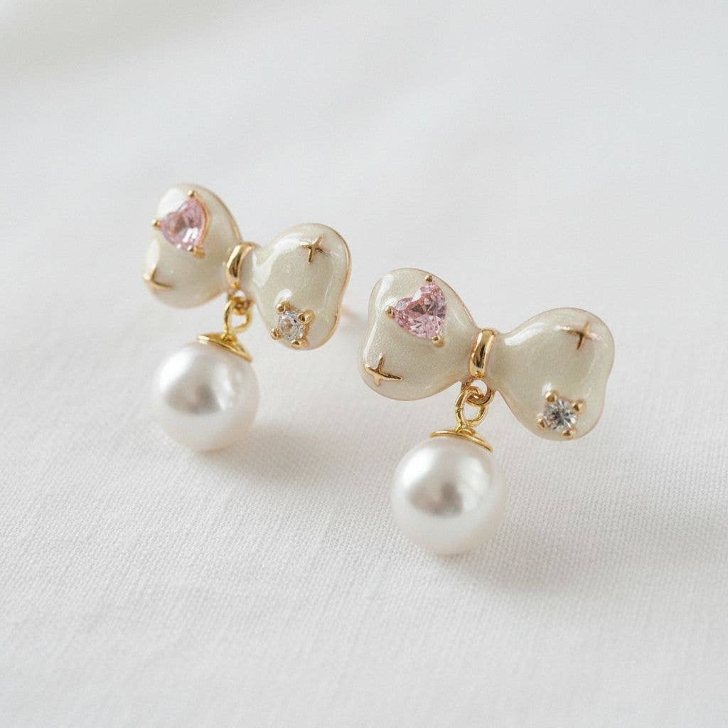 Enamel Cubic Zirconia Bowknot Dangle Earrings