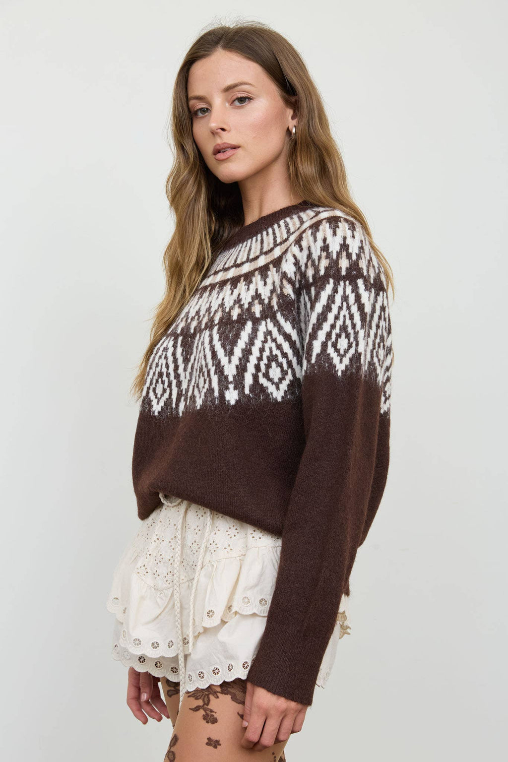 FAIR ISLE YOKE CREW NECK KNIT PULLOVER