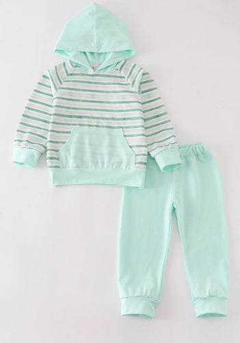 Green Striped Boys Hoodie Set