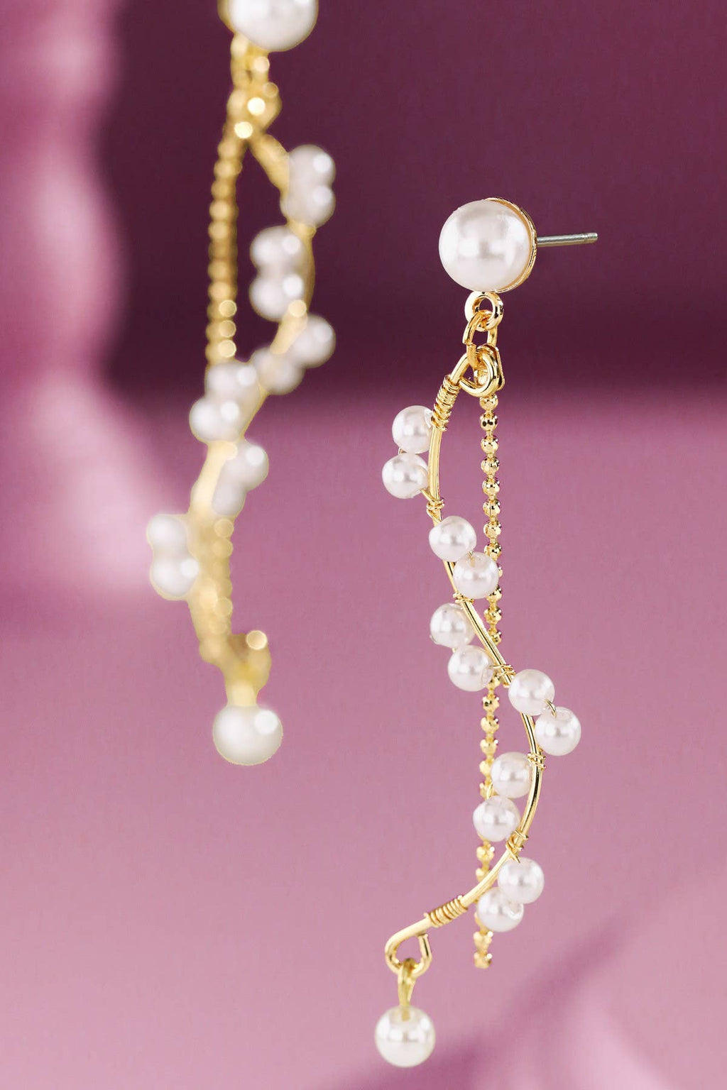 Spiral Pearl Strand Gold Drop Earrings