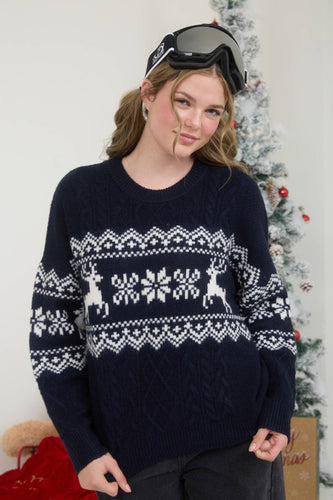 SNOWFLAKE DEER CABLE KNIT PULLOVER SWEATER