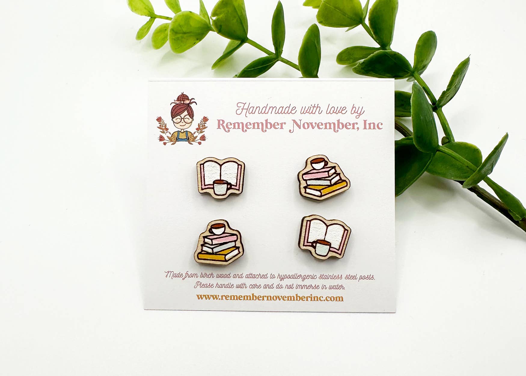Book Stud Earrings, Birch Wood Handpainted