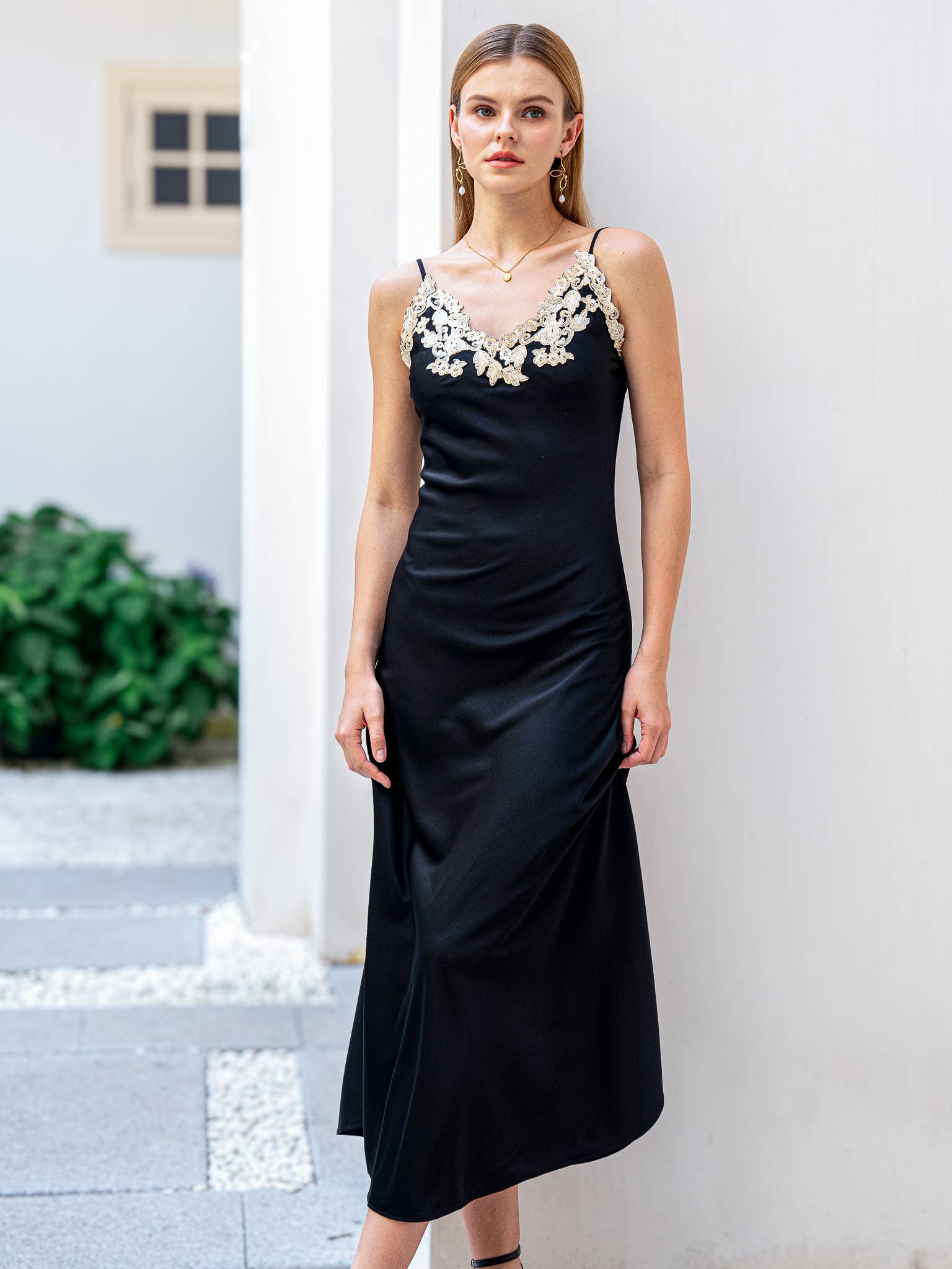 Silk Slip Dress with Lace Detail