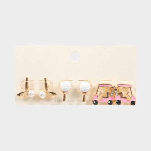 3PAIRS - Golf Theme Stud Earrings Set