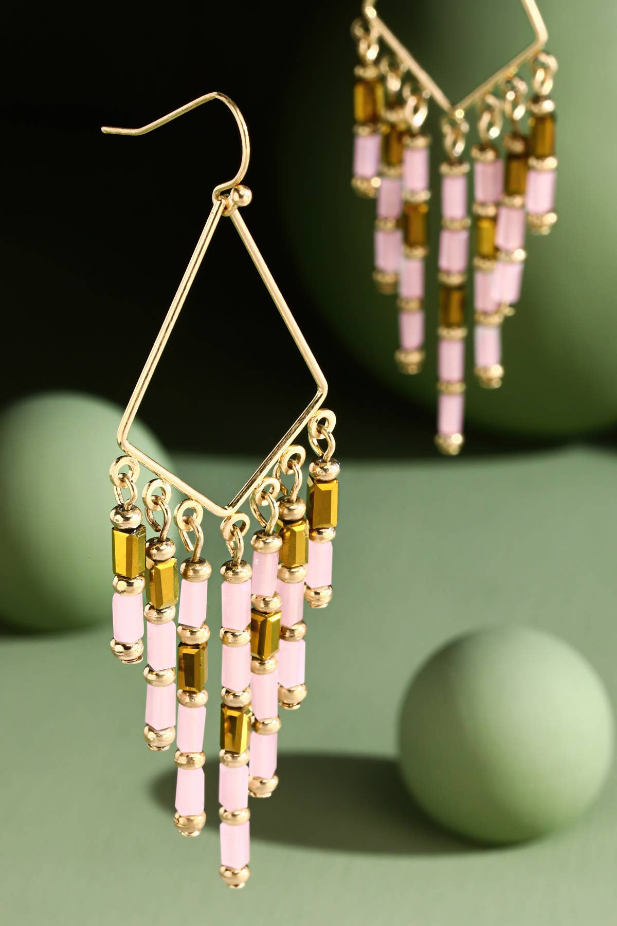 Diamond-Shaped Earrings with Glass Bead Fringe