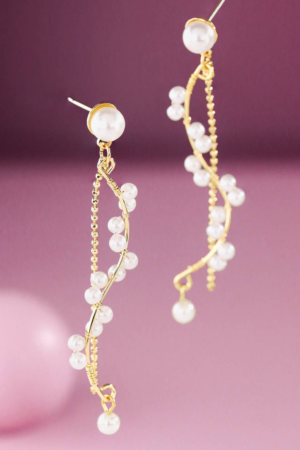 Spiral Pearl Strand Gold Drop Earrings