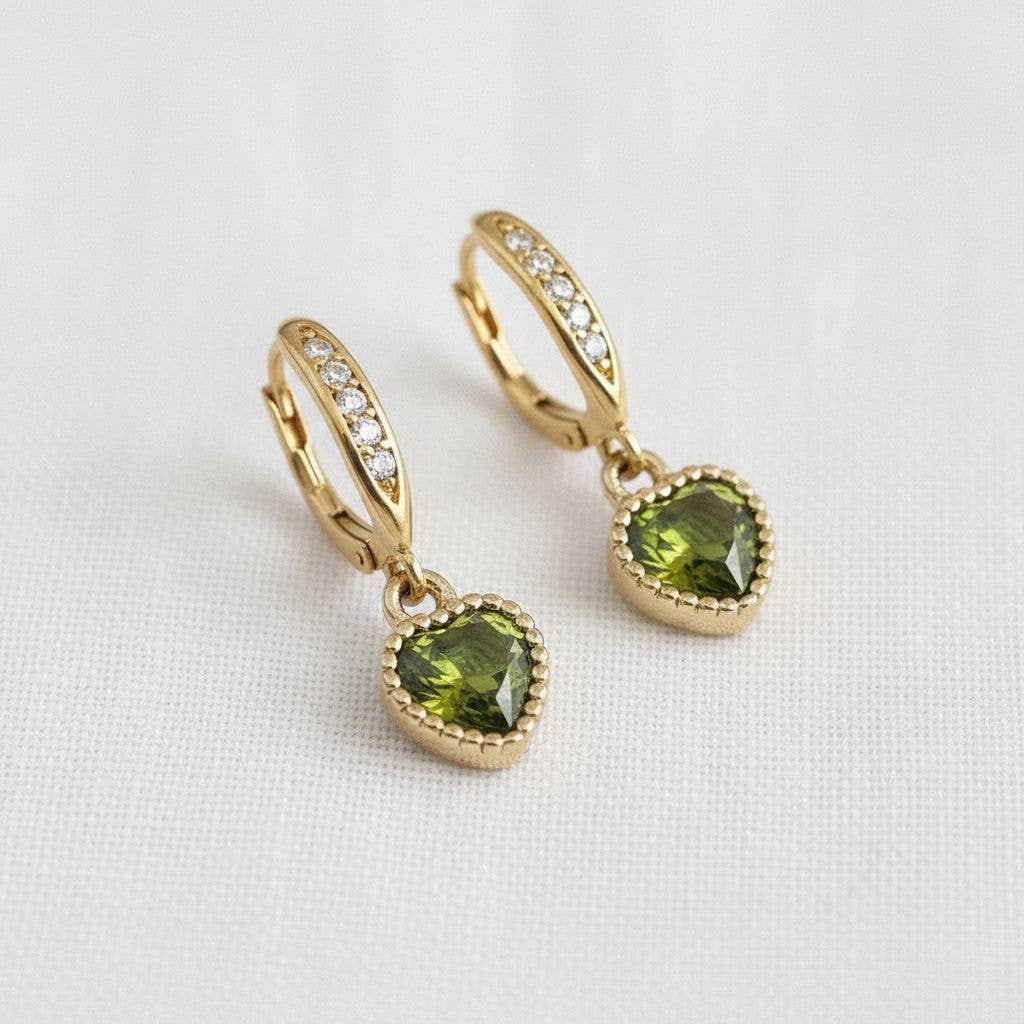 Olive Green Cubic Zirconia Heart Earrings