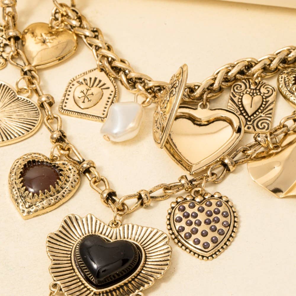 Assorted Pearl And Heart Charms Statement Necklace