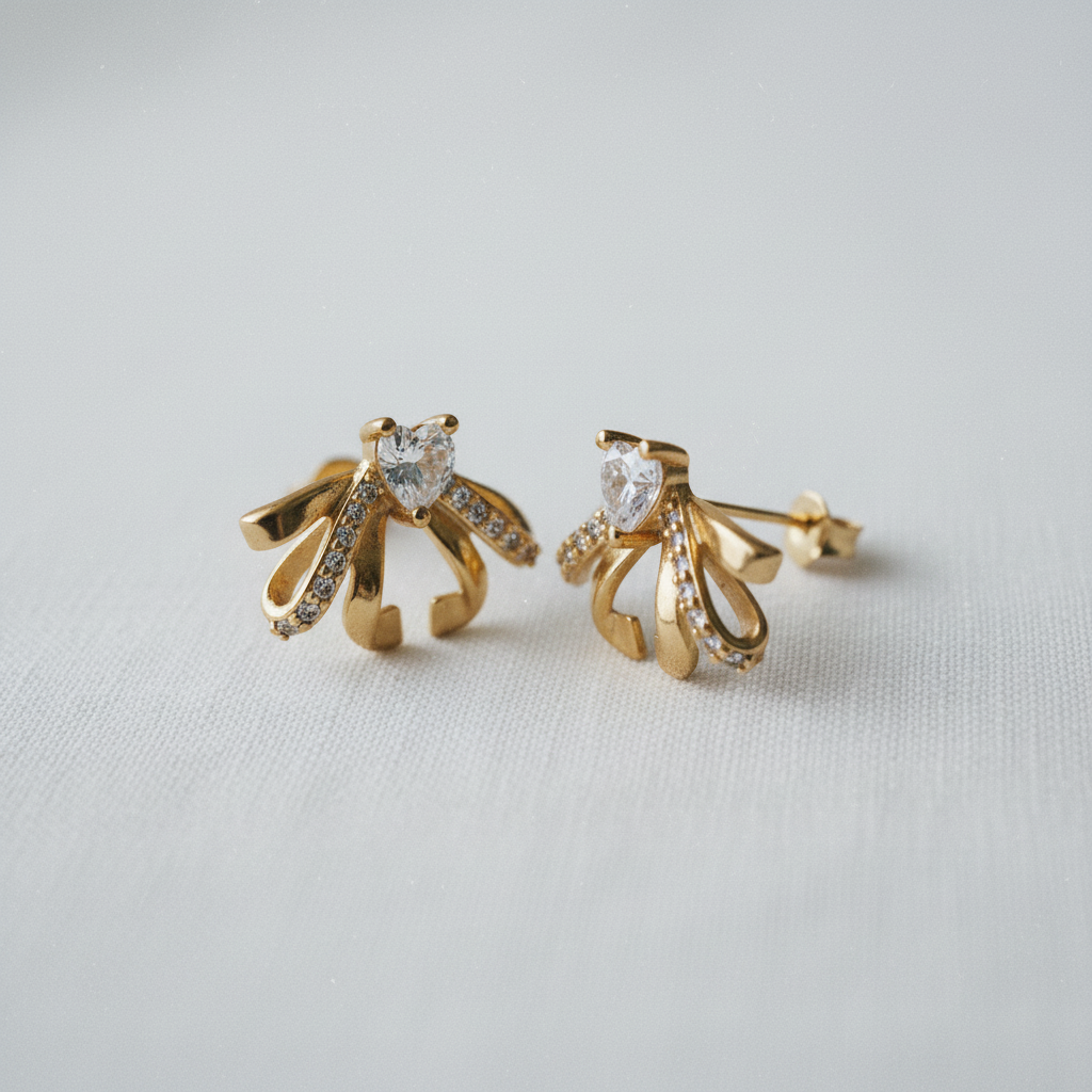 Ribbon Bow Heart Zircon Stud Earrings