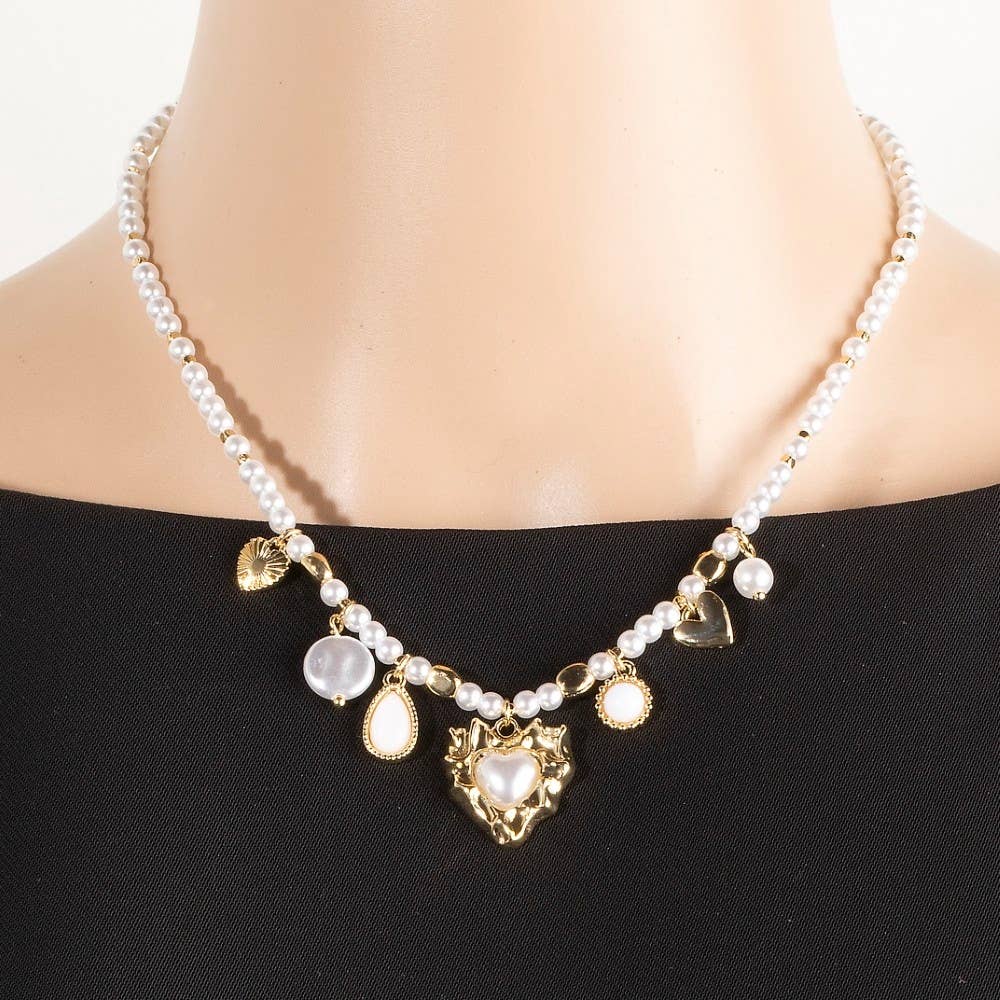 Mixed Heart Charms Pearl And Metallic Beaded Necklace