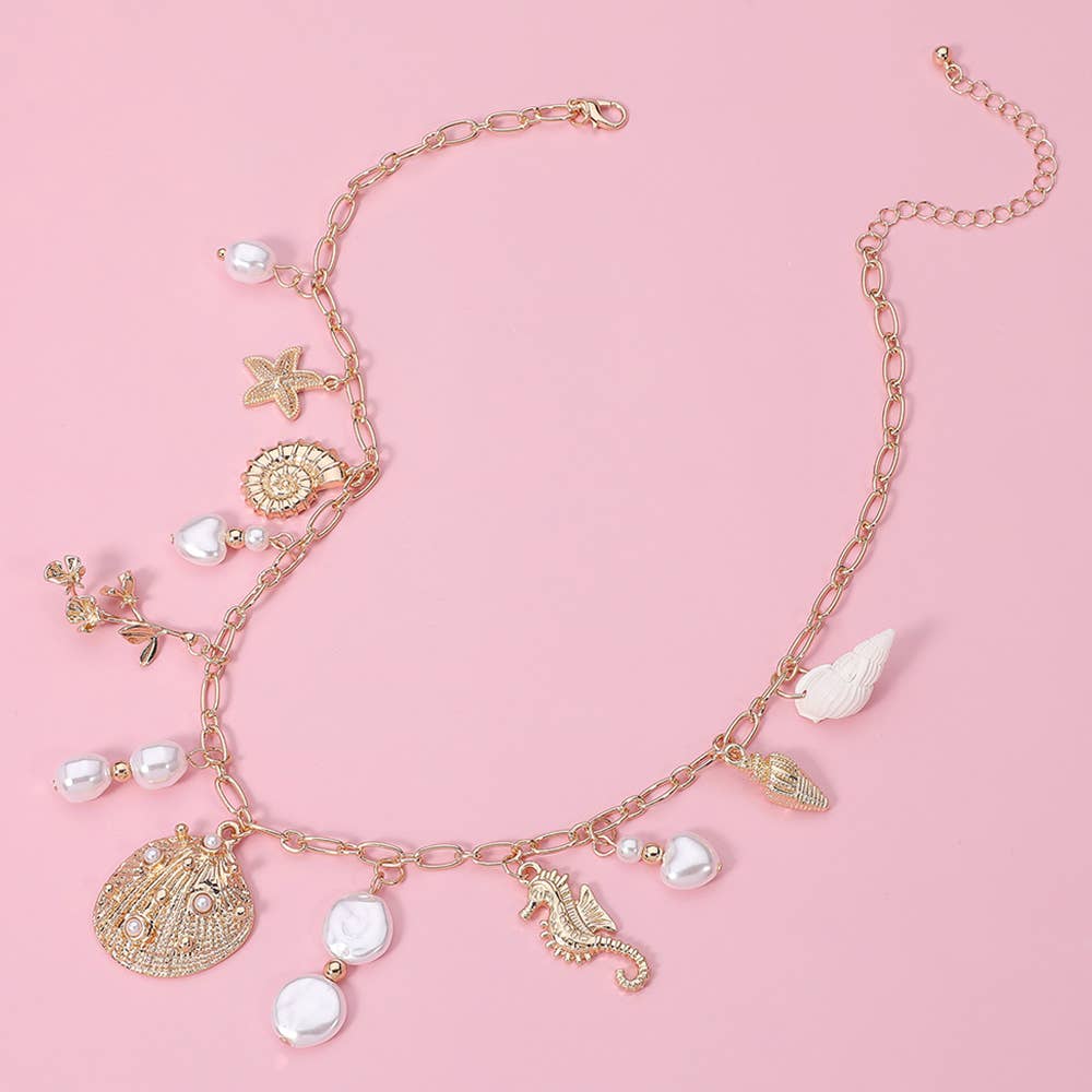Metal Shell Starfish Seahorse Pearl Charm Station Necklace