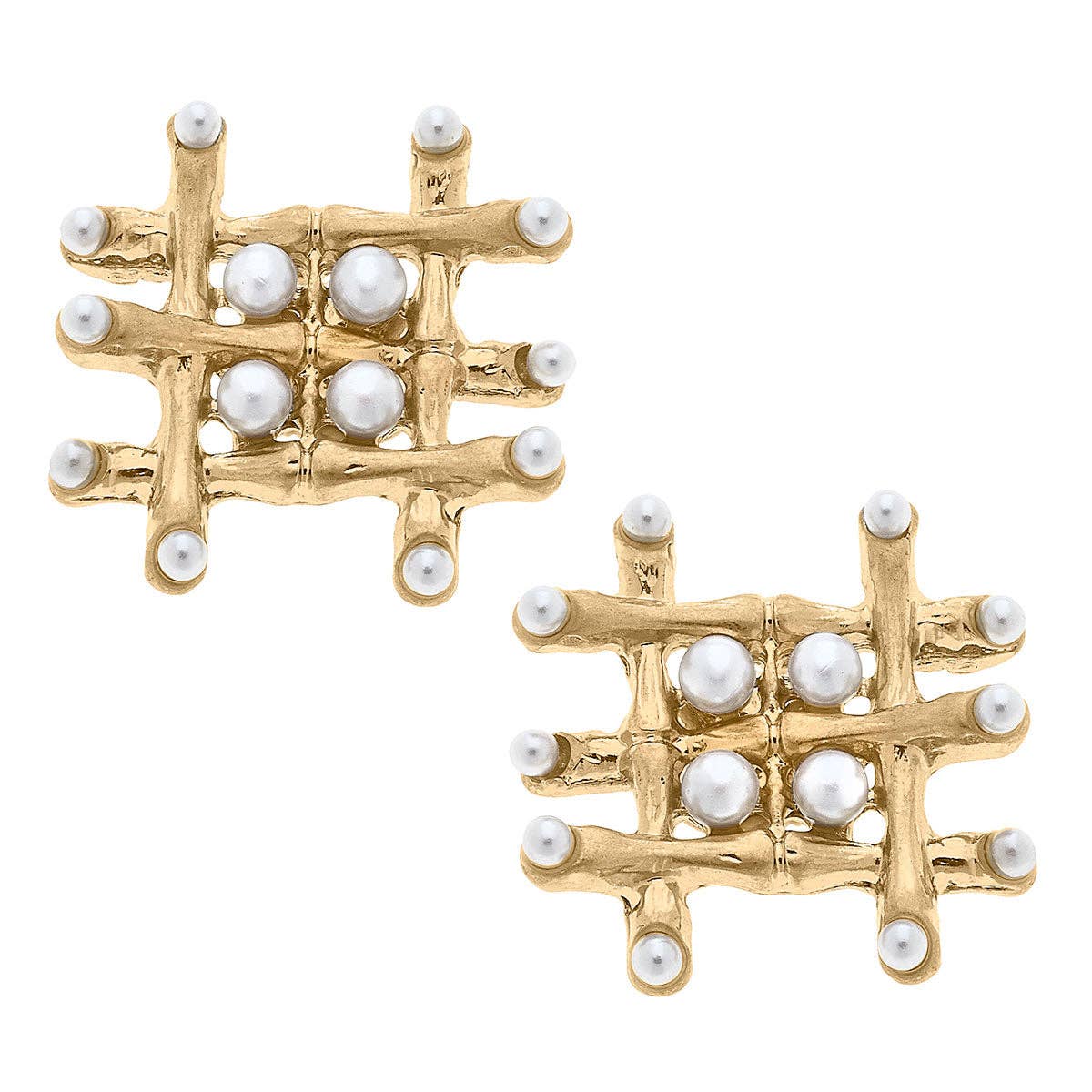 Ariana Bamboo and Pearl Woven Stud Earrings in Worn Gold