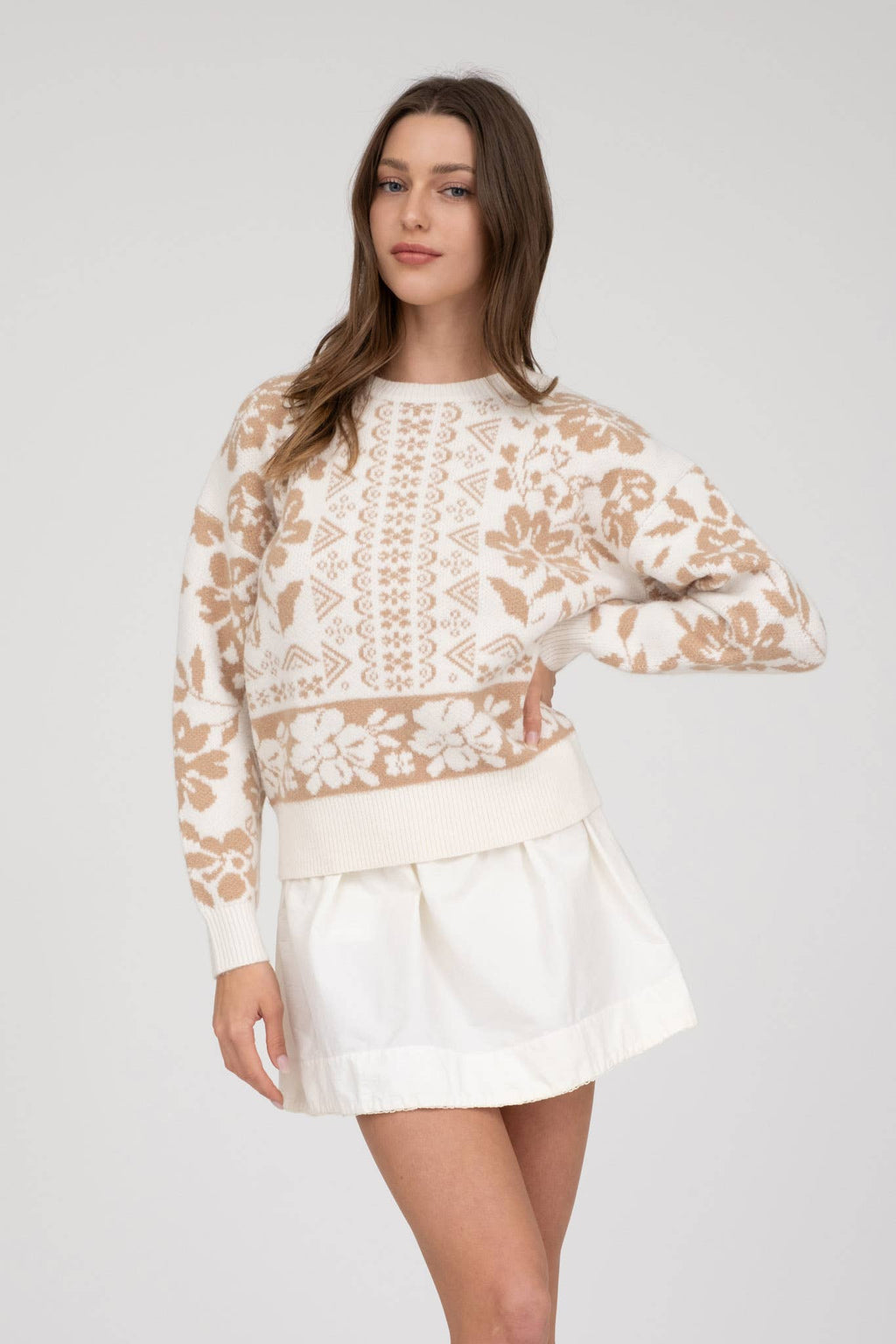 GEO FLORAL LONG SLEEVE KNIT PULLOVER SWEATER