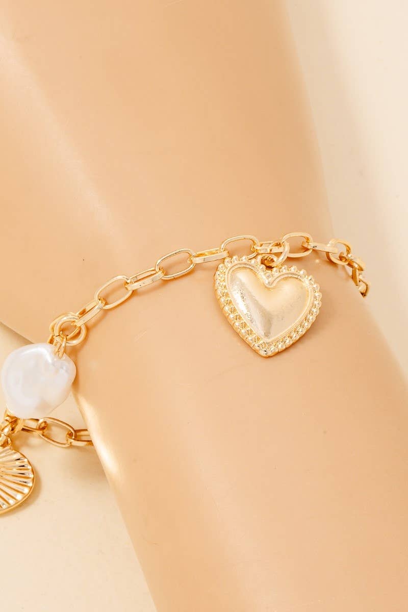 Mixed Heart And Pearl Charm Chain Bracelet