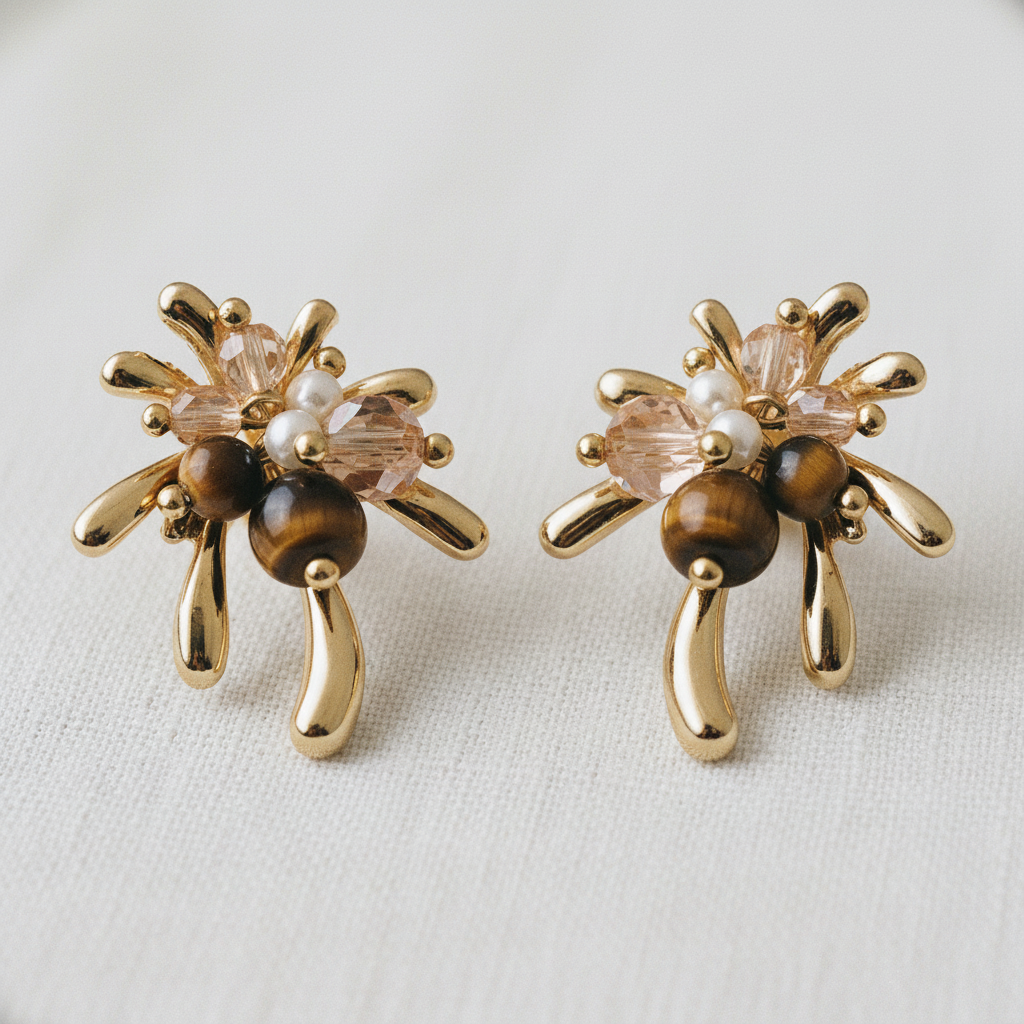 Tiger's Eye and Pearl Firework Burst Earrings