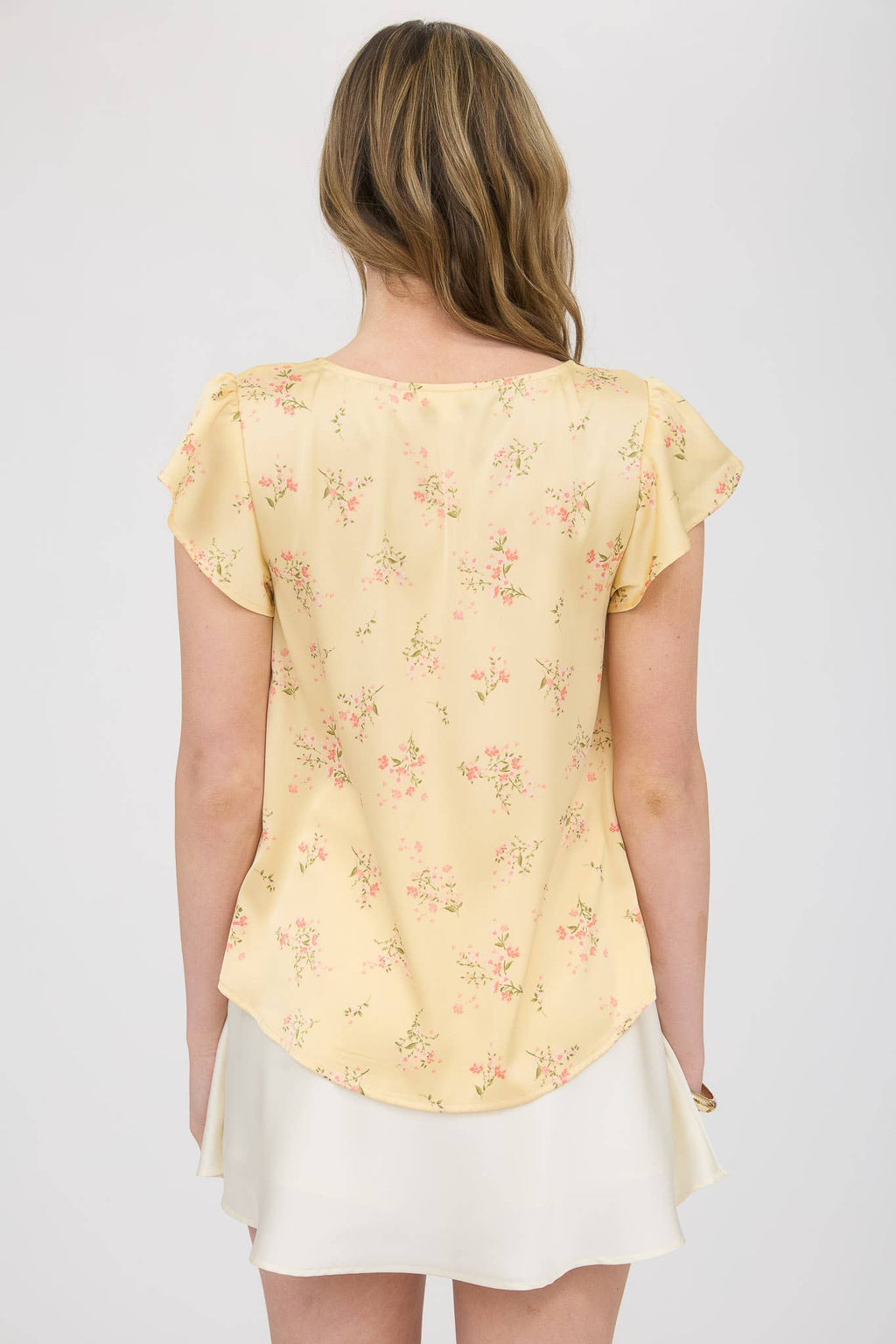 FLORAL PRINT V NECK SCALLOP SATIN BLOUSE
