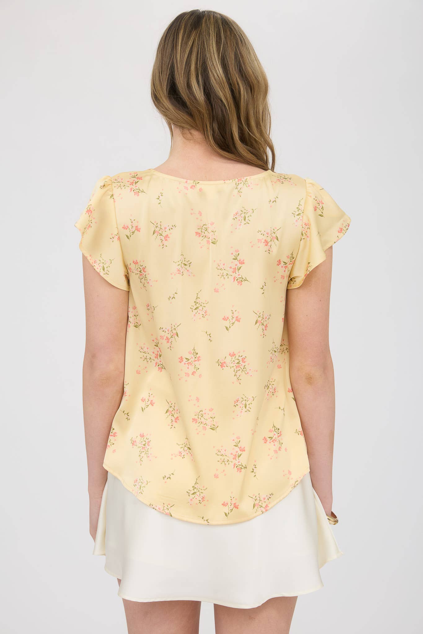 FLORAL PRINT V NECK SCALLOP SATIN BLOUSE