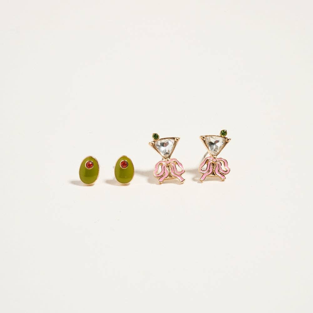 Martini Olive Glass Rhinestone 2 Pair Earrings