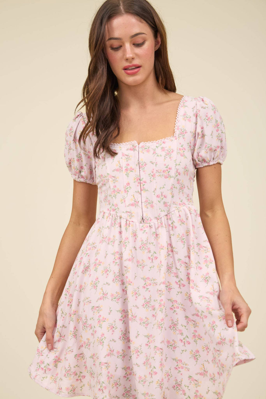 FLORAL LACE TRIM FRONT HOOK & EYE MINI DRESS