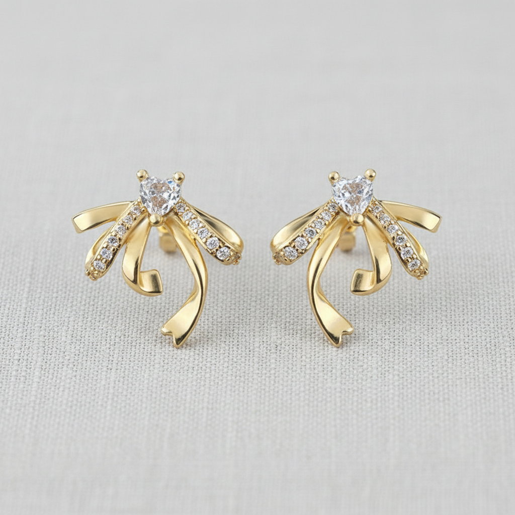 Ribbon Bow Heart Zircon Stud Earrings