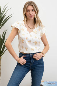 FLORAL PRINT V NECK SCALLOP SATIN BLOUSE