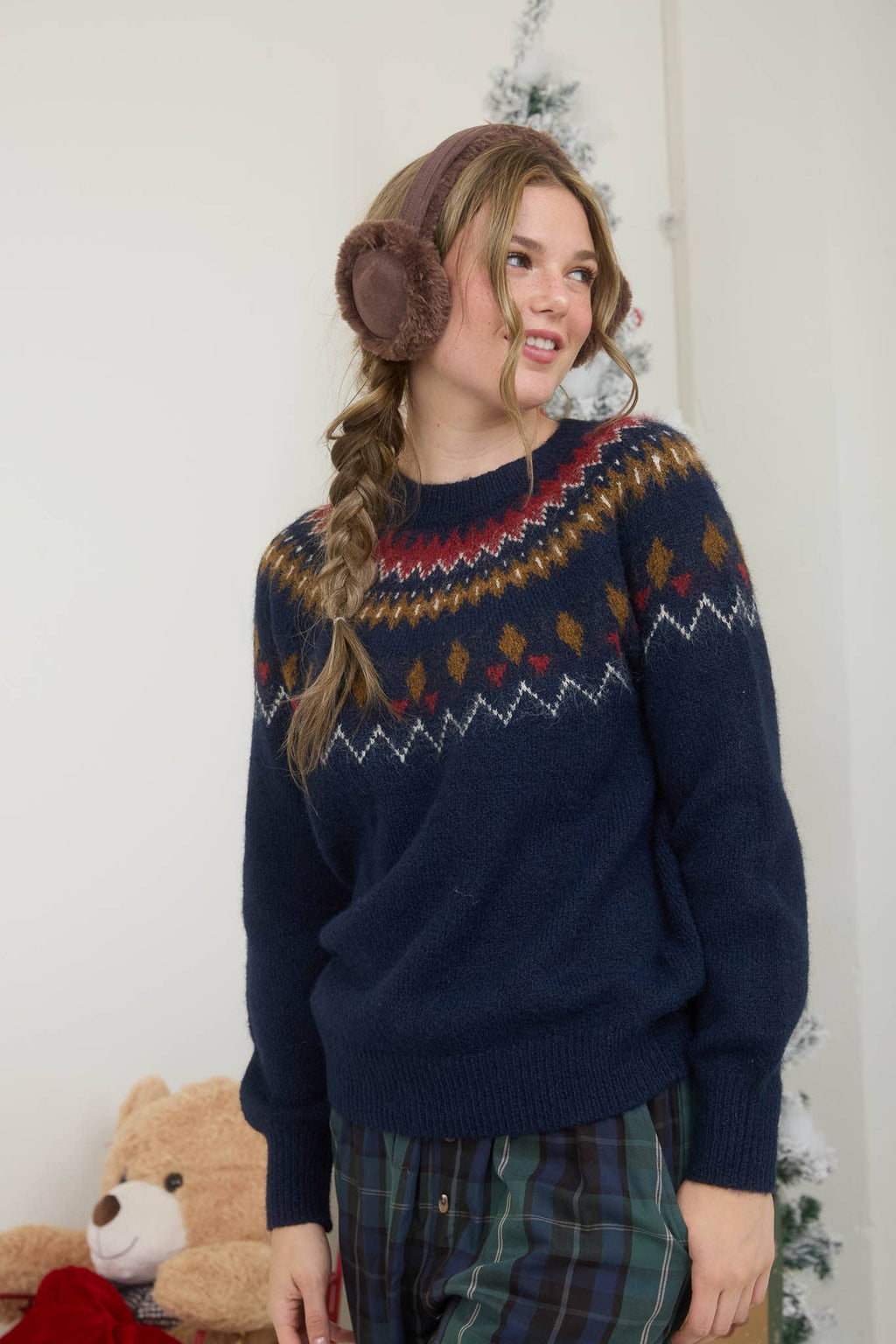 FUZZY FAIR ISLE CREW NECK KNIT PULLOVER SWEATER