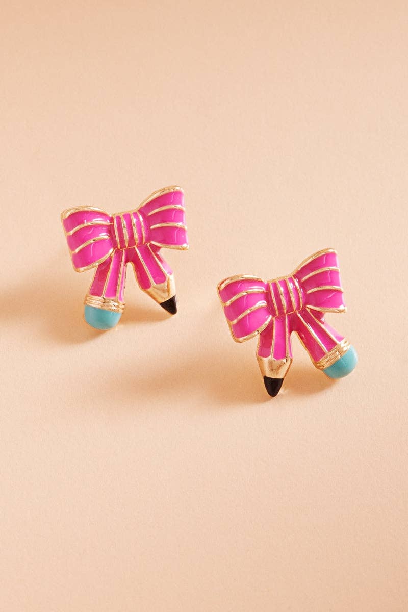 Teachers Day School Enamel Bow Pencil Post Earrings