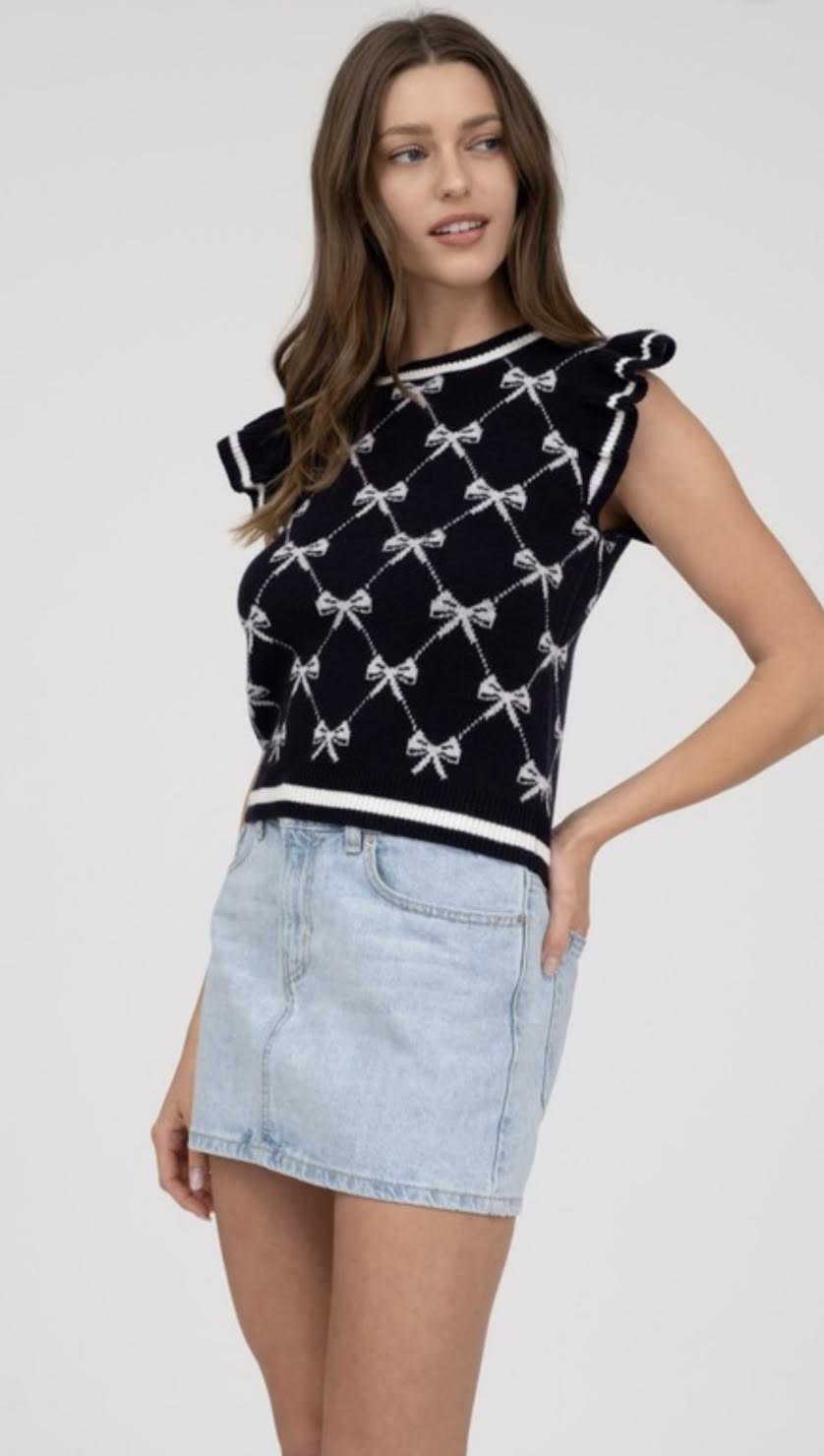 Navy Short Sleeved Bow Print Sweater