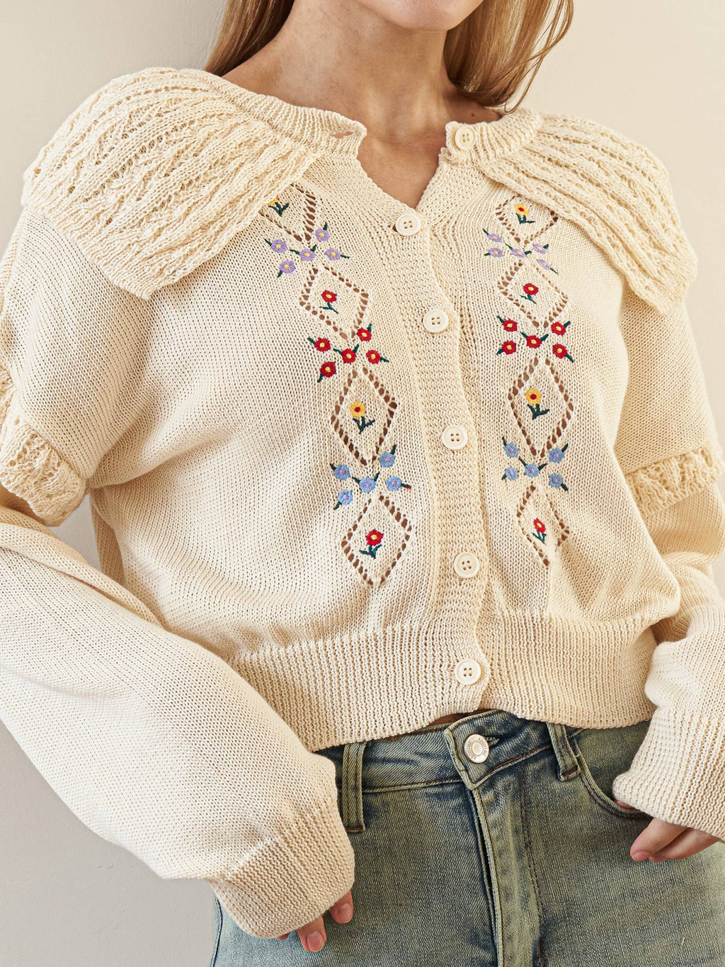 Embroidered Knit Cardigan with Floral Motifs