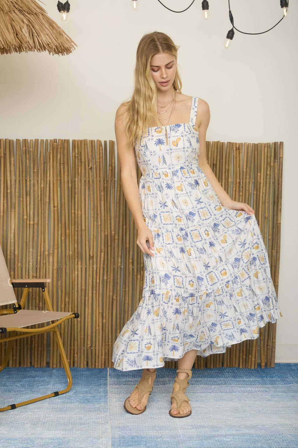 PARADISE MOTIF SPAGHETTI STRAP TIERED MAXI DRESS