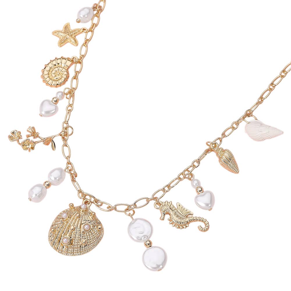 Metal Shell Starfish Seahorse Pearl Charm Station Necklace