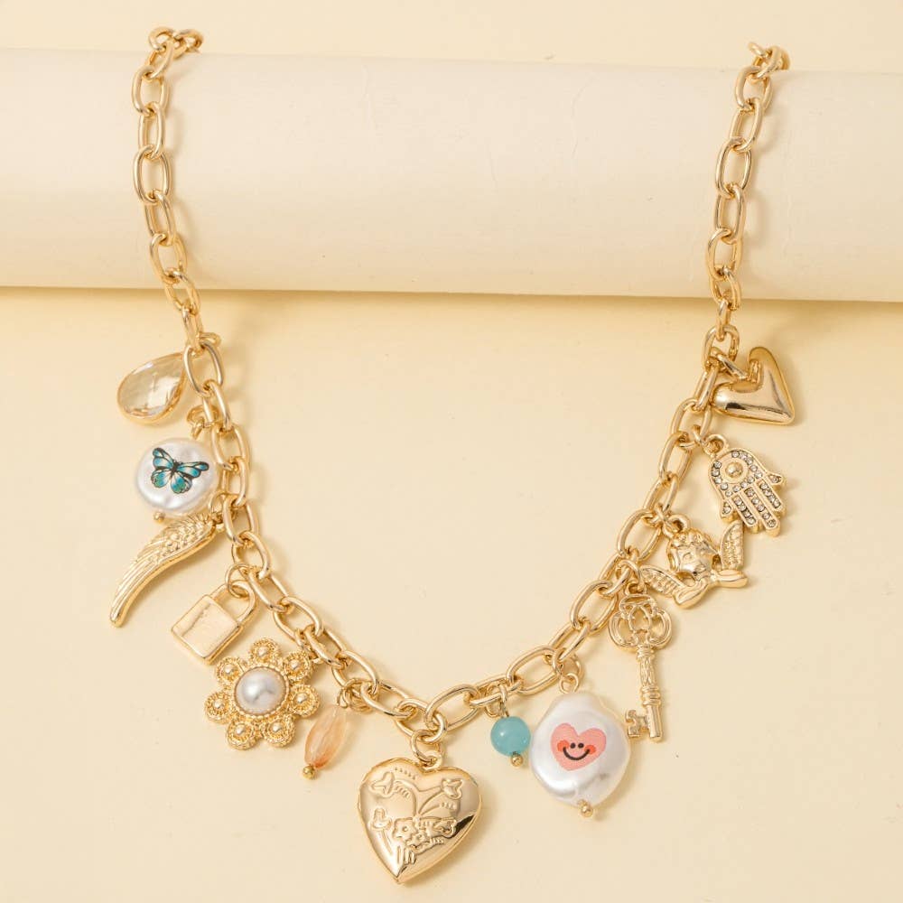 Assorted Charms And Heart Locket Chain Necklace