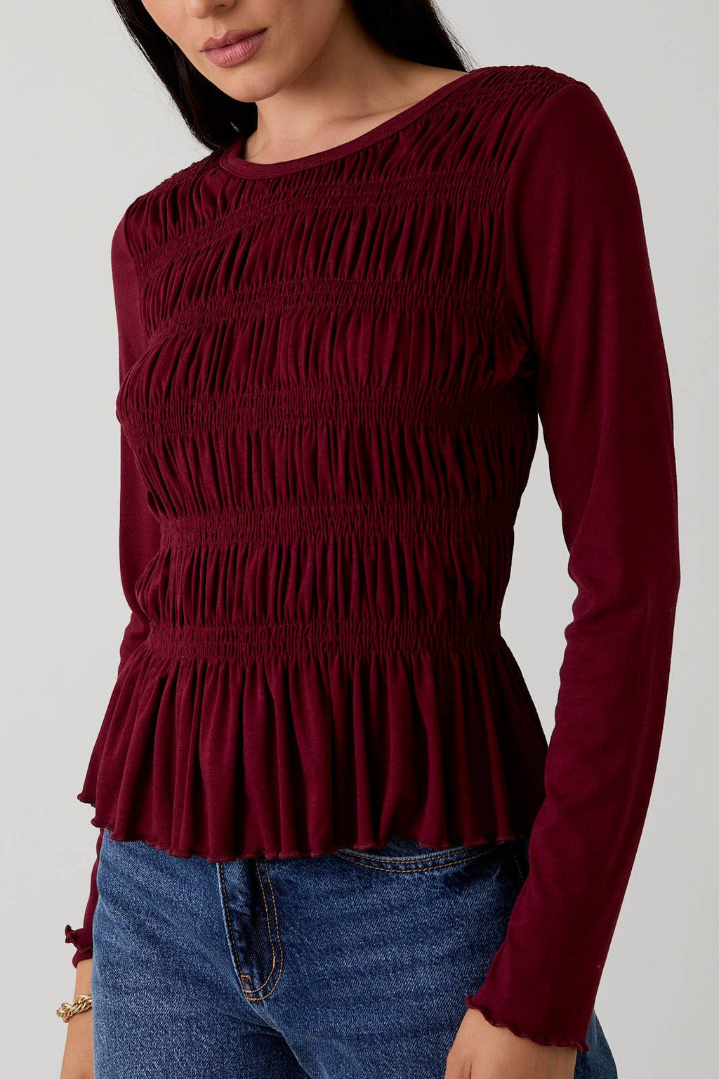 ROUND NECK LONG SLEEVE SMOCKED TOP