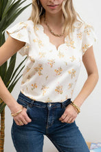 Load image into Gallery viewer, FLORAL PRINT V NECK SCALLOP SATIN BLOUSE