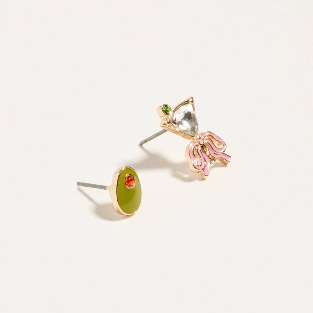 Martini Olive Glass Rhinestone 2 Pair Earrings