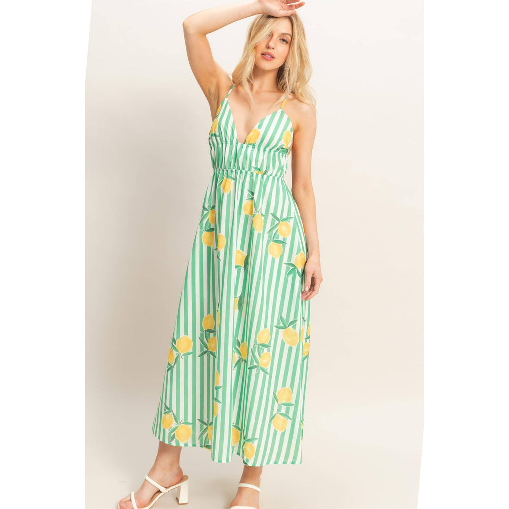 Striped Lemon Print Midi Dress