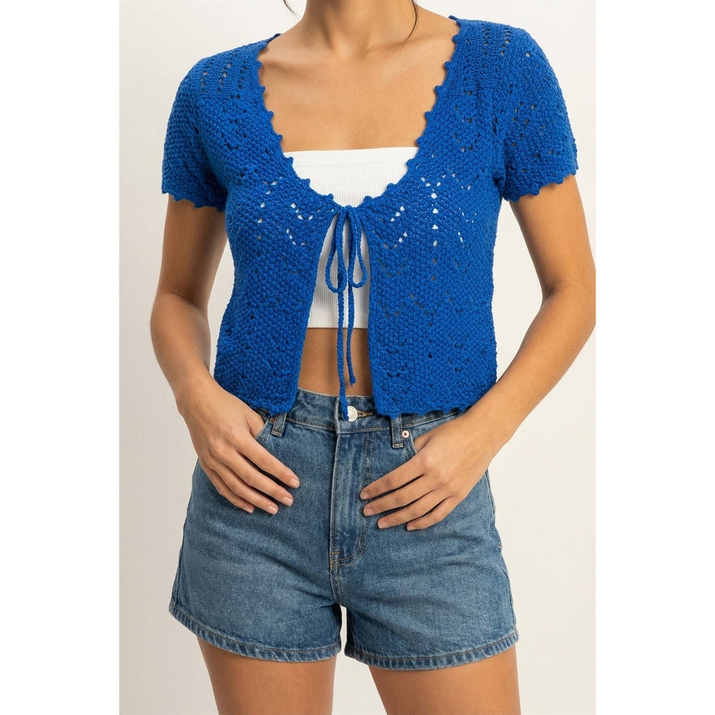 Pointelle Tie Front Knit Cardigan