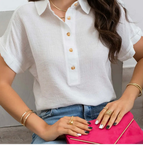 Mid Button Down Cuffed Sleeve Top