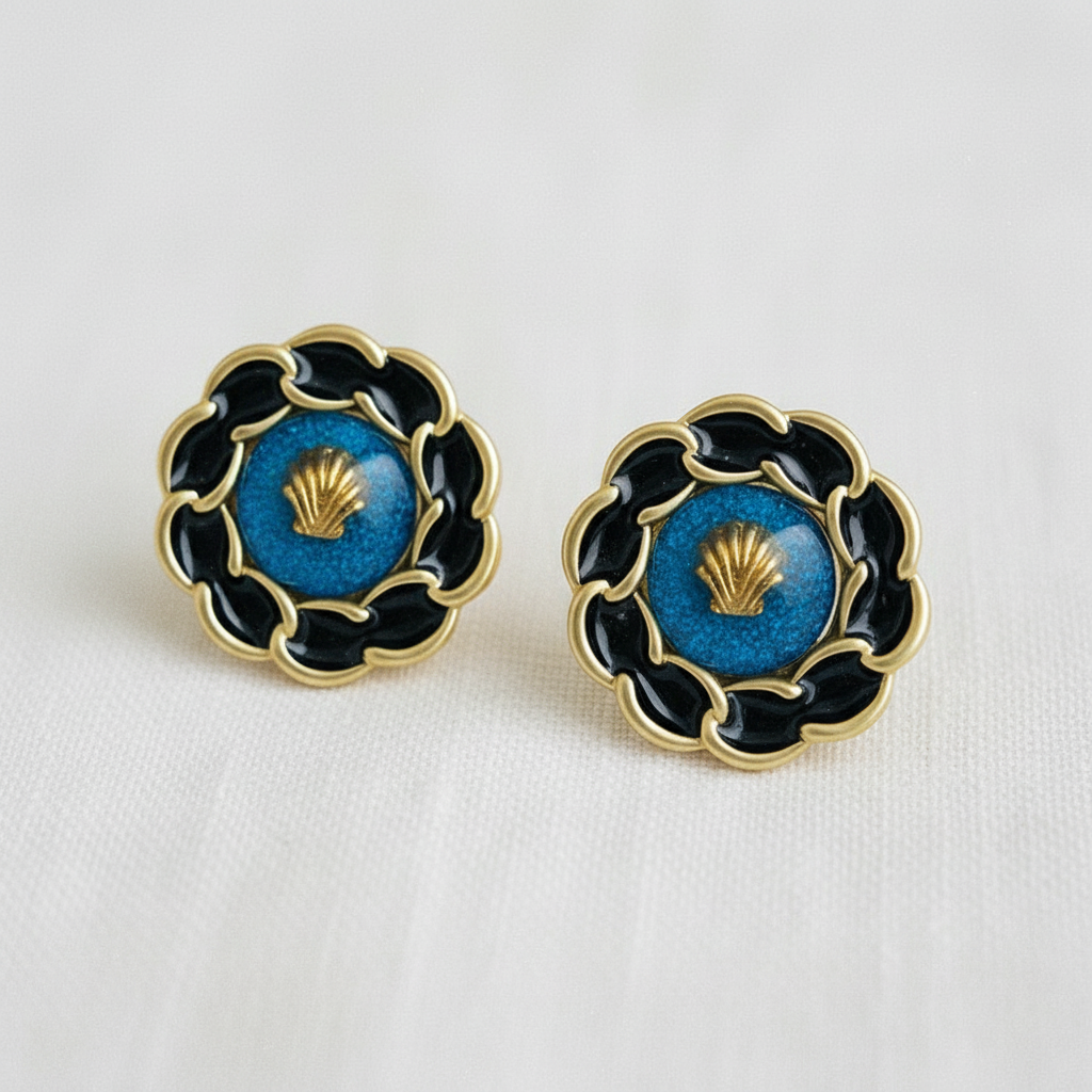 Vintage Inspired Blue and Black Enamel Shell Stud Earrings