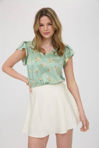 FLORAL PRINT V NECK SCALLOP SATIN BLOUSE