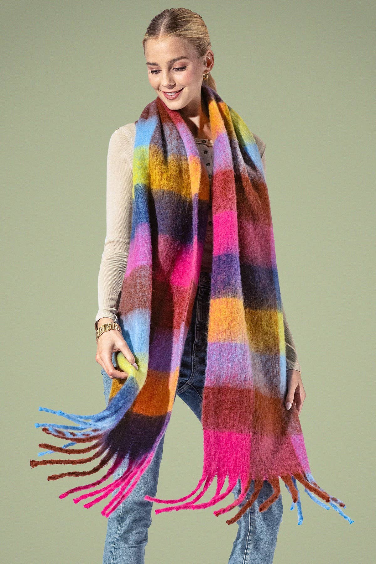 Yarn-dyed Checkered Fuchsia Fringe Scarf