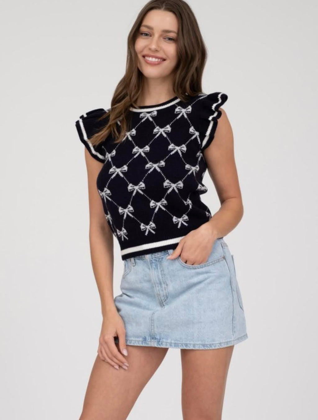 Navy Short Sleeved Bow Print Sweater