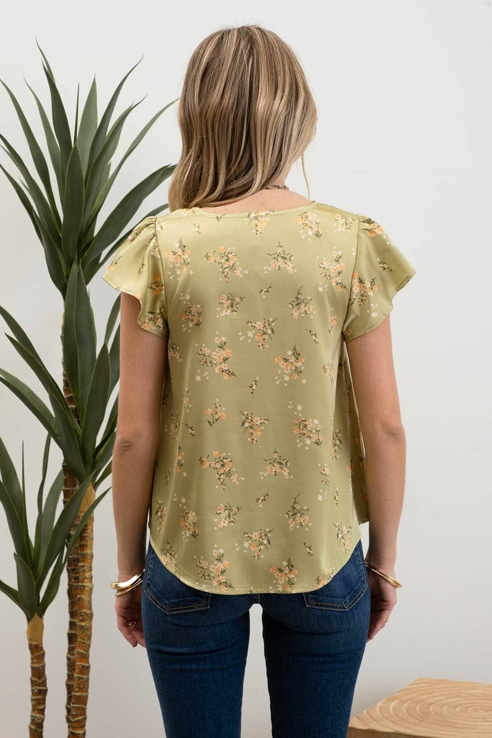 FLORAL PRINT V NECK SCALLOP SATIN BLOUSE