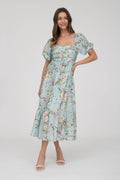 FLORAL PLEATED FRONT BALLOON SLEEVE MIDI DRESS