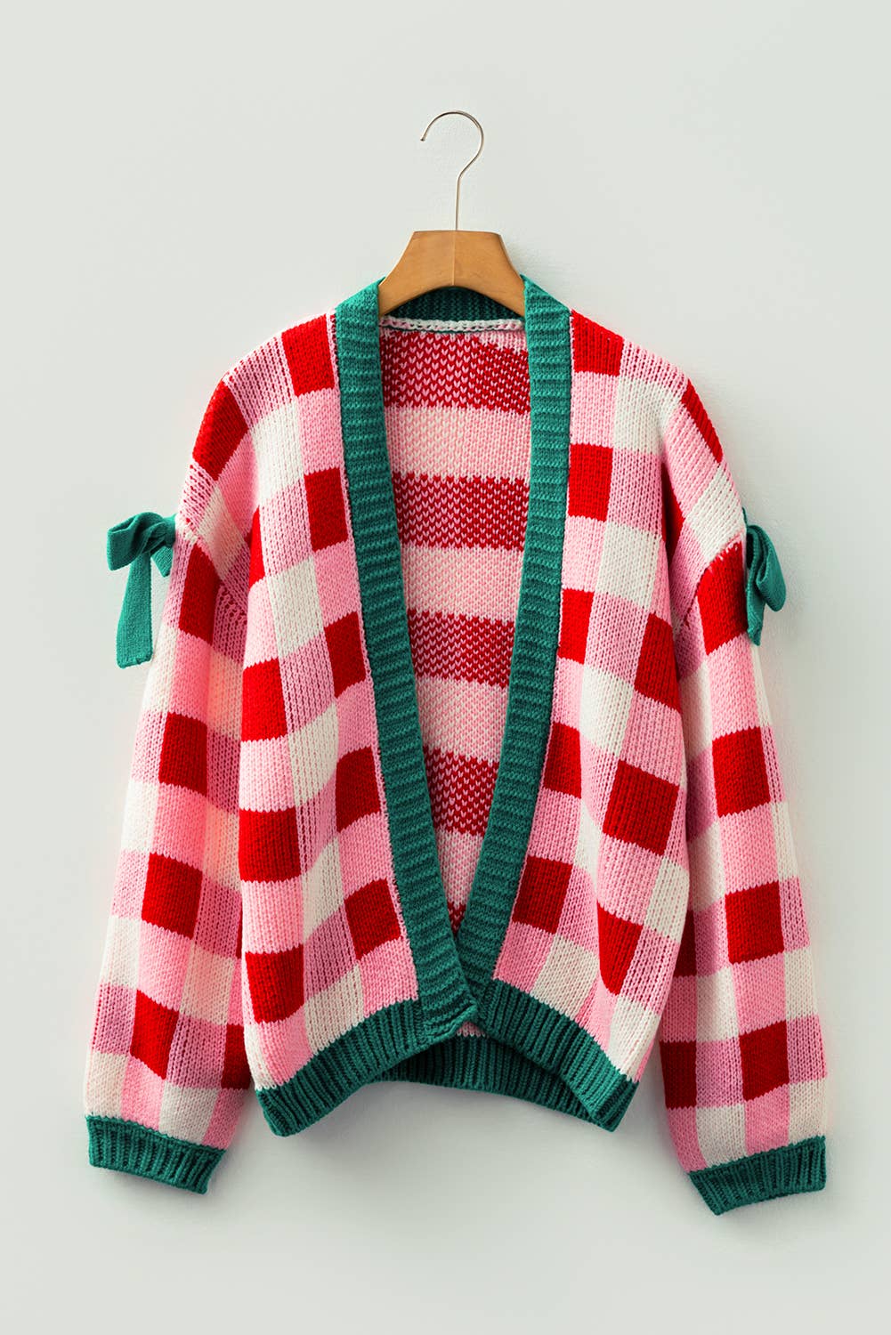 Christmas Plaid Knit Bow Knot  Open Front Sweater Cardigan