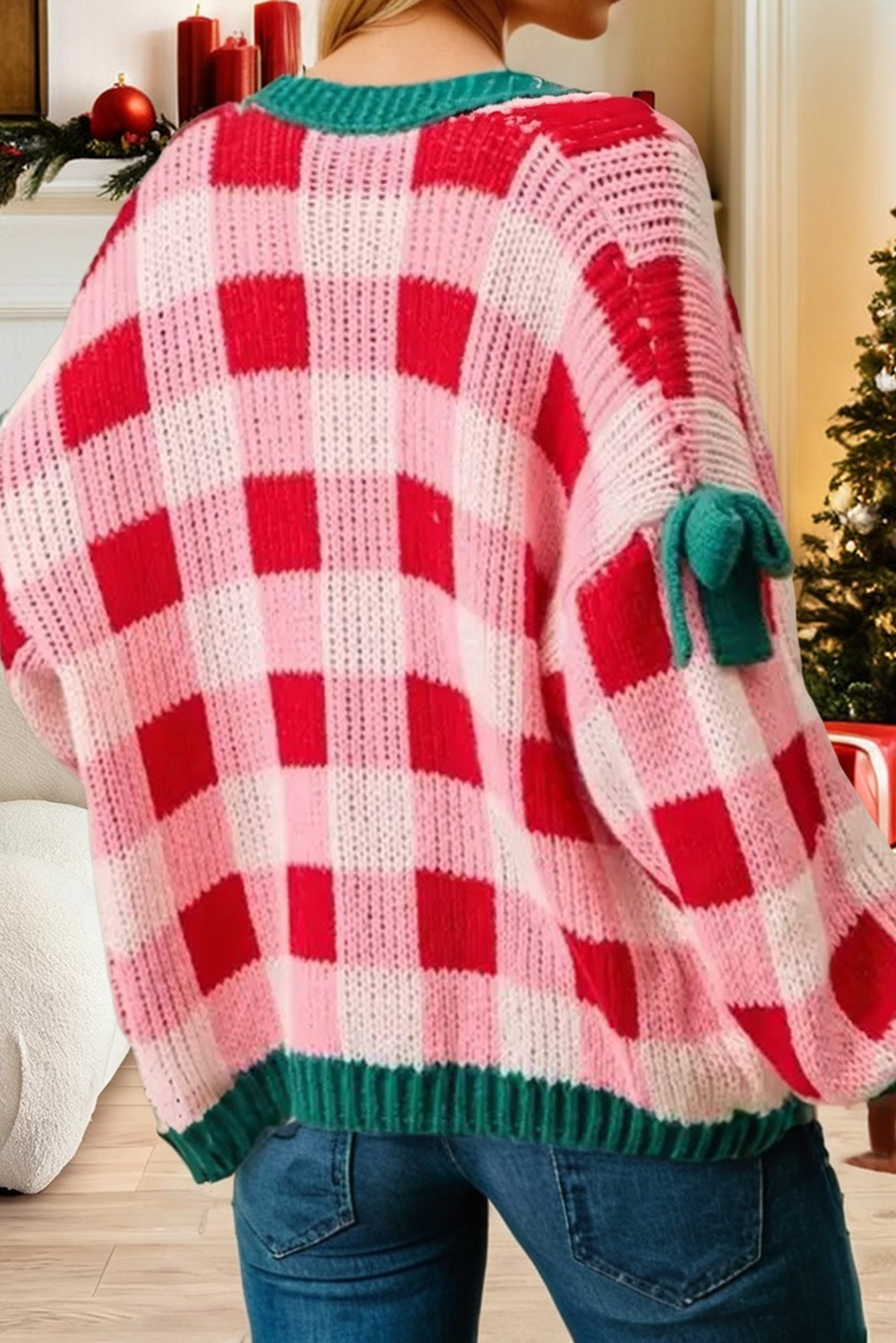 Christmas Plaid Knit Bow Knot  Open Front Sweater Cardigan