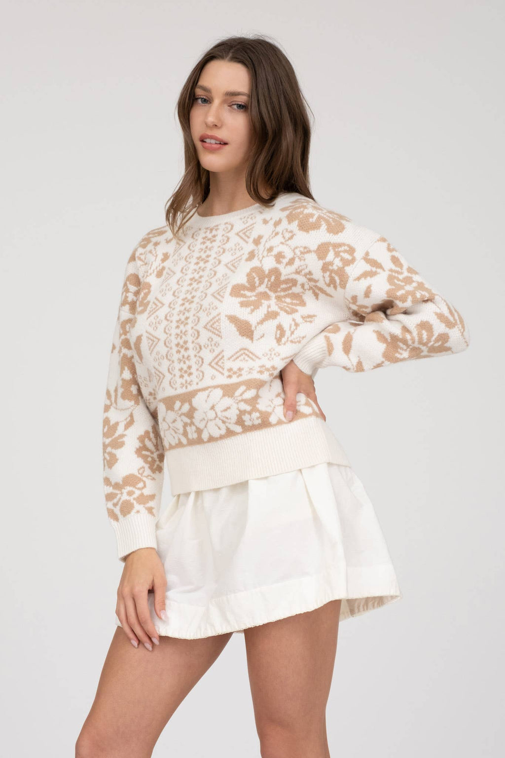 GEO FLORAL LONG SLEEVE KNIT PULLOVER SWEATER