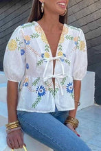 Load image into Gallery viewer, Floral print tie front v neck blouse